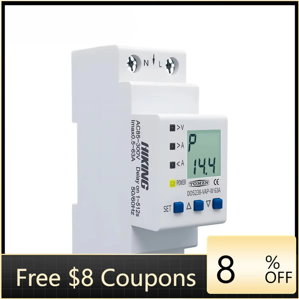 TOMZN 63A Adjustable Voltage Current Protector V-I-kWh Display Water Level Control Relay