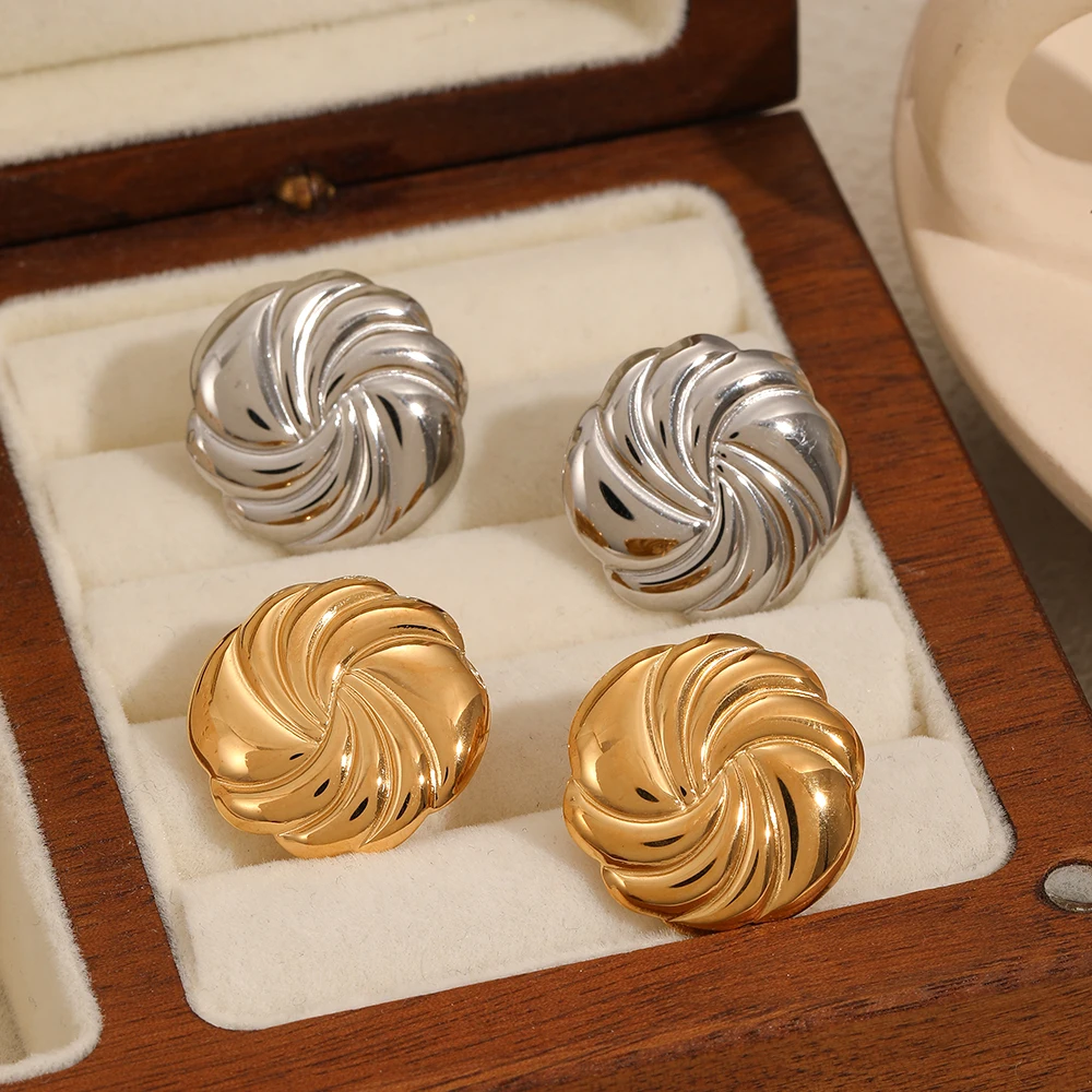 Vintage Round Irregular Twisted Stripe Stud Earrings for Women Gold Plated Stainless Steel Daily Jewelry