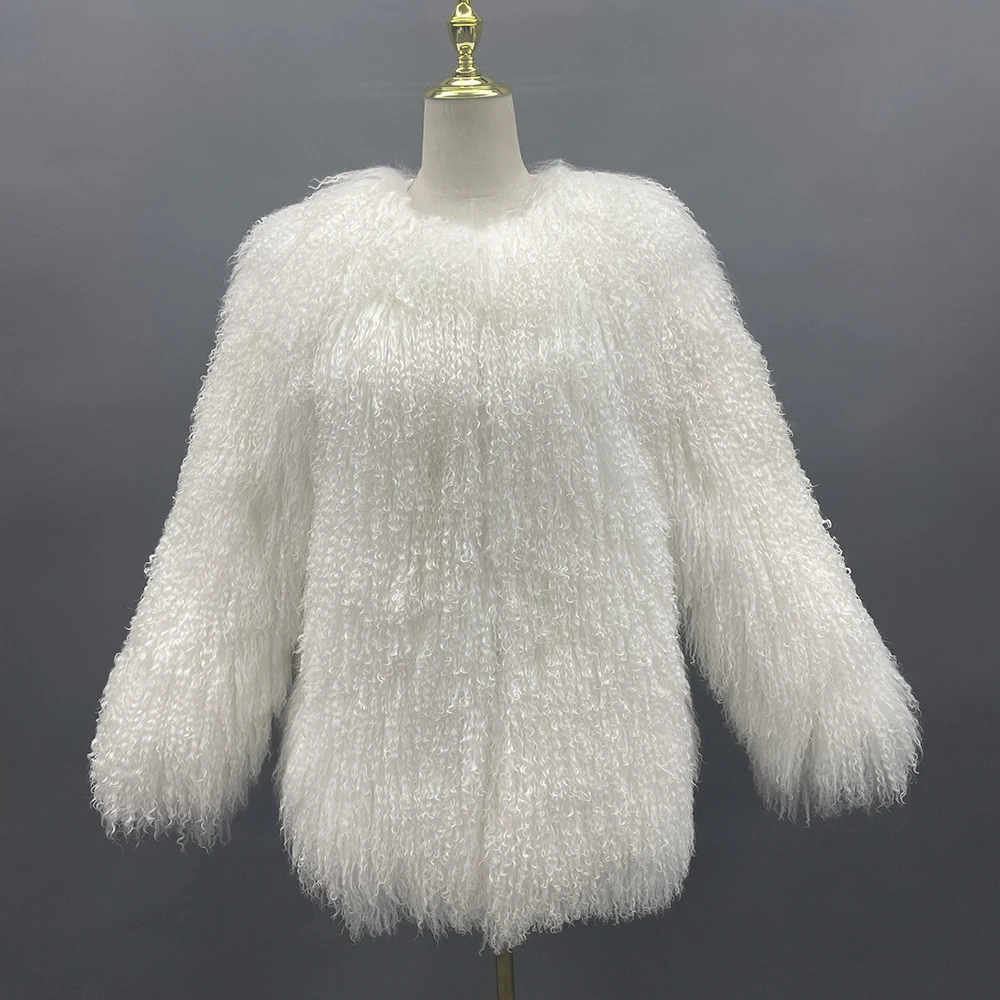 

JANEFUR Real Sheep Fur Coat Women 2024 White Medium Long Fashion Fluffy Warm Winter Mongolian Fur Overcoat