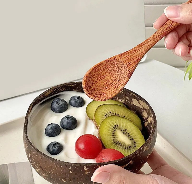Natürliches Kokosnuss-Schalen-Set Handgefertigtes Holzgeschirr Holzlöffel Dessert-Obst-Salat-Mischschale Ramen-Aufbewahrungsschale Küchengeschirr – Detail 1