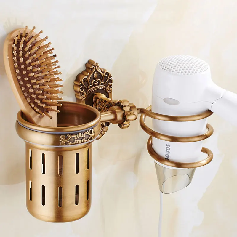 Uchwyt na suszarkę do włosów Aluminiowa antyczna półka łazienkowa do przechowywania Półka ścienna bez gwoździ Organizer Spiralny stojak Uchwyt na szczoteczkę do zębów