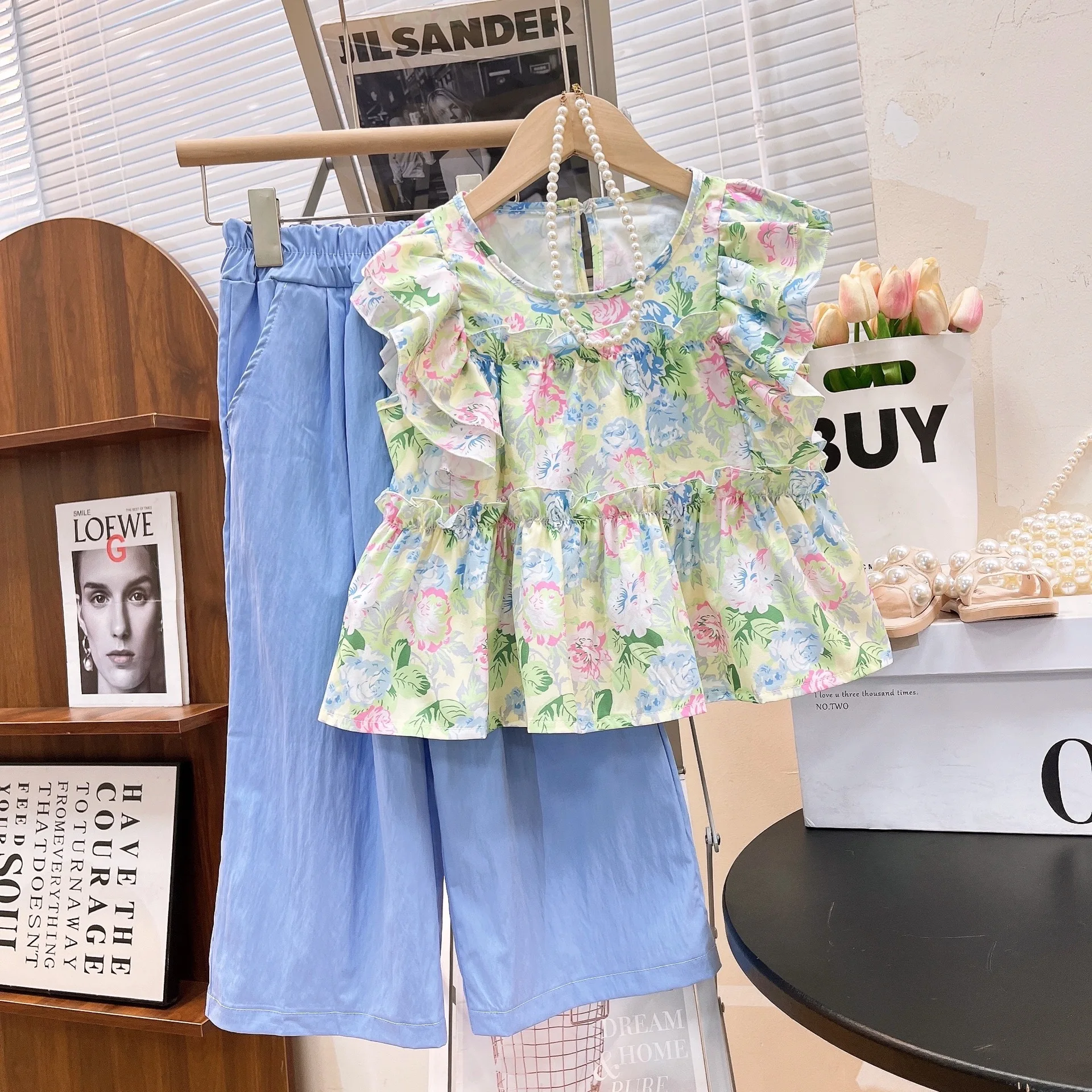 

New Girls Floral Blouson Set, Summer Spring Cute Top with Straight-leg Pants Two-Piece