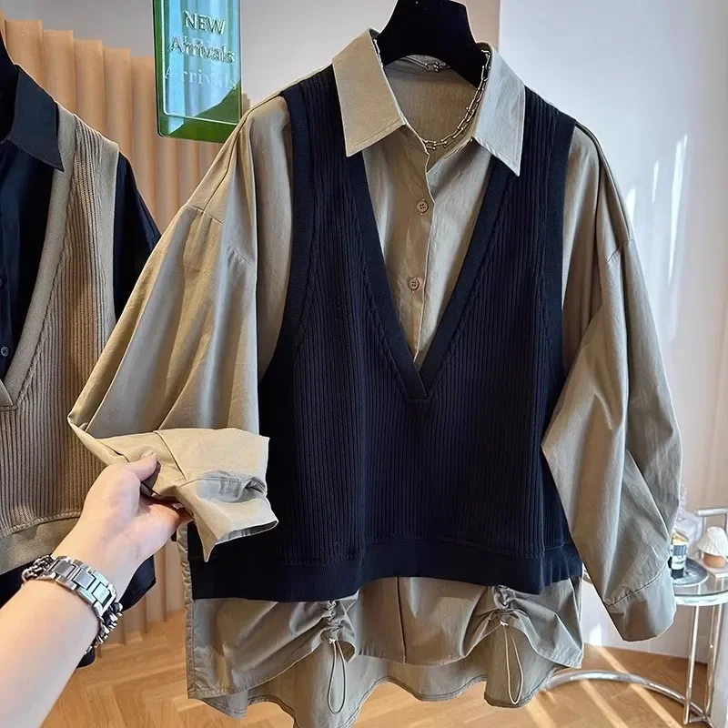 Spring Autumn Large Size Waistcoat JoinTogether Fake Two Pieces Shirt Women 2024New Fashion Loose Casual Tops Shirts Female