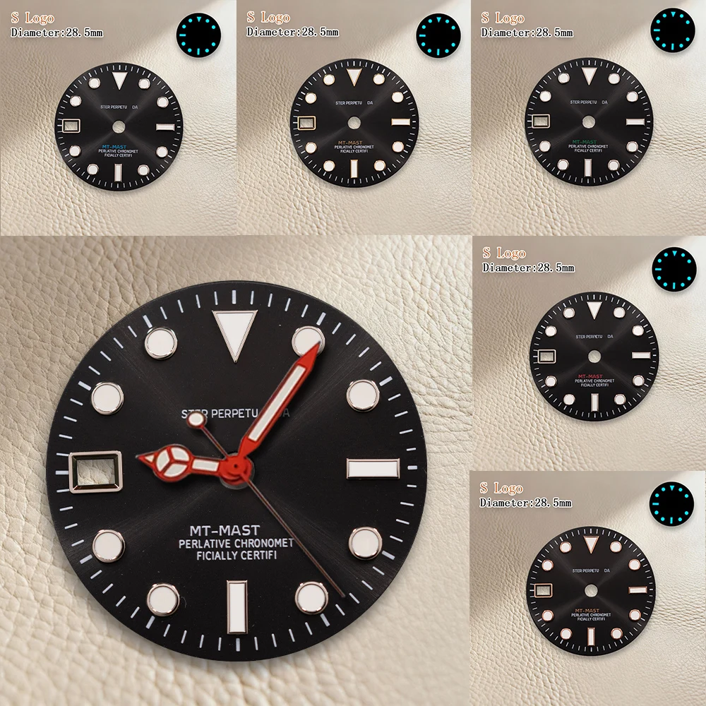 Esfera GMT con logotipo S de 28,5 mm, esfera de calendario a las 9 en punto, sin manecillas, compatible con movimiento NH34, accesorios de modificación de reloj luminoso azul hielo