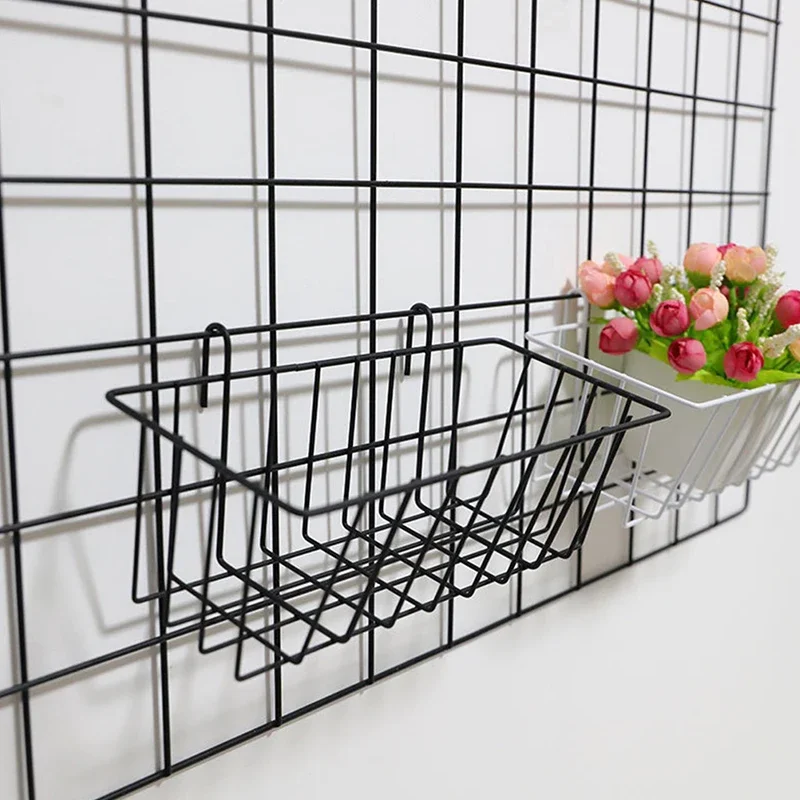 Metal Decorative Storage Basket DIY Iron Grid Flower Pot Hanging Shelf Wall Art Mounted Frame Mesh Display Rack Home Decoration