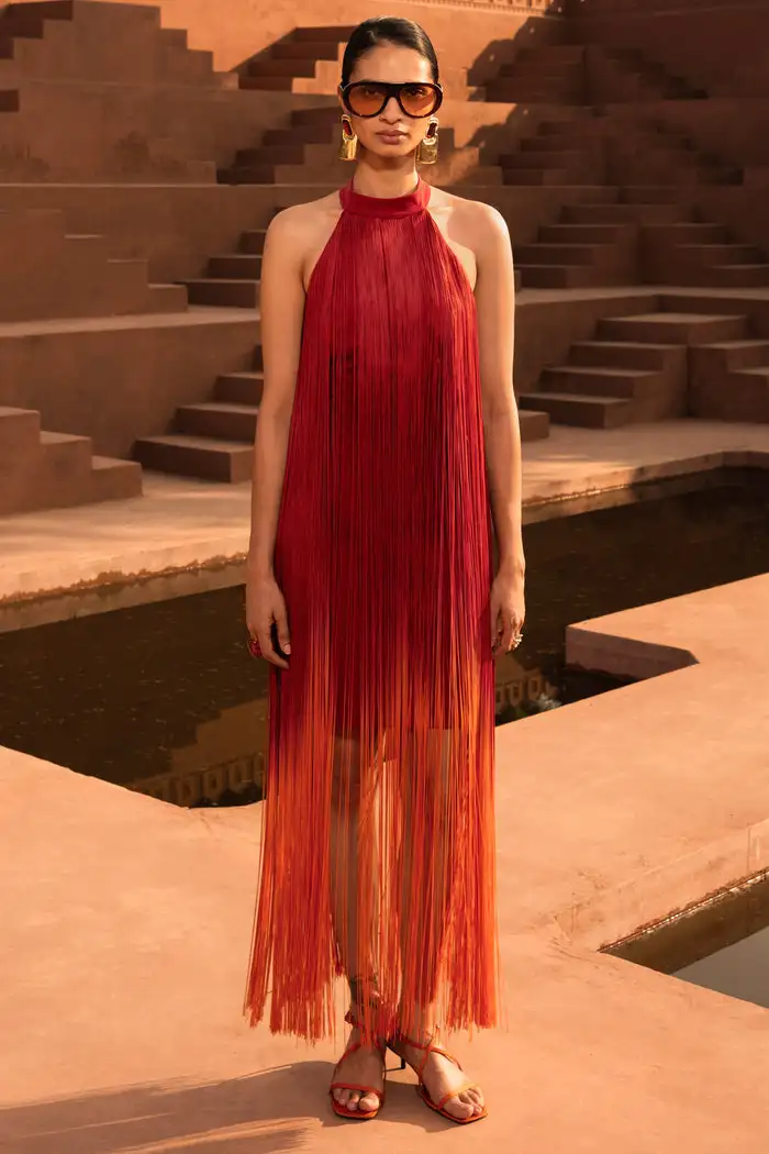 Customized Modern Fashion Gradient Orange Halter Neck Fringes Mini Dress 2026 Summer New Sleeveless Open Back Cocktail Dresses