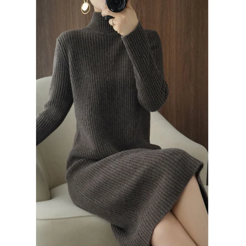 Herbst Winter Mode Elegante Halb Kragen Dünne Lange Hülse Grundlegende Rippe Gestrickten Pullover Kleid für Frauen Casual Solide Kleider Vestidos