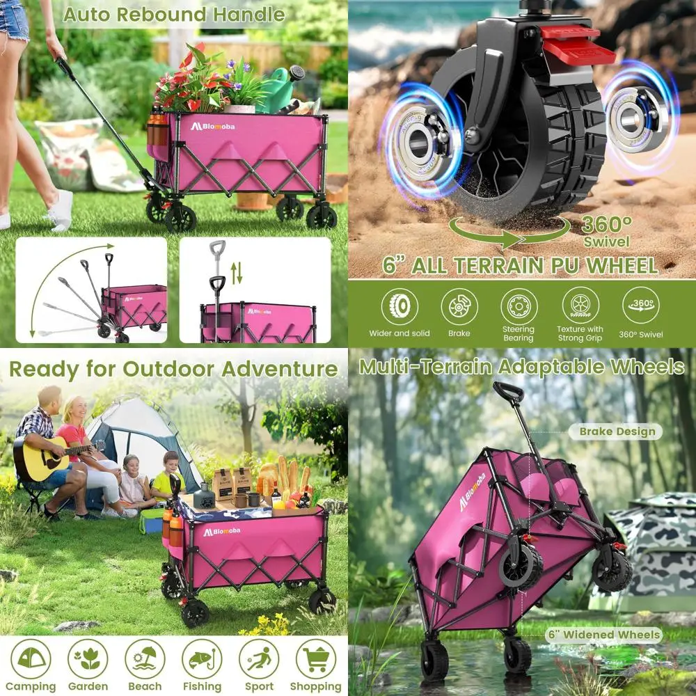 

Heavy-Duty 150L Collapsible Beach Wagon with Wider Wheels, Auto-Rebound Handle for Utility, Grocery Shopping, Gardening, Camping
