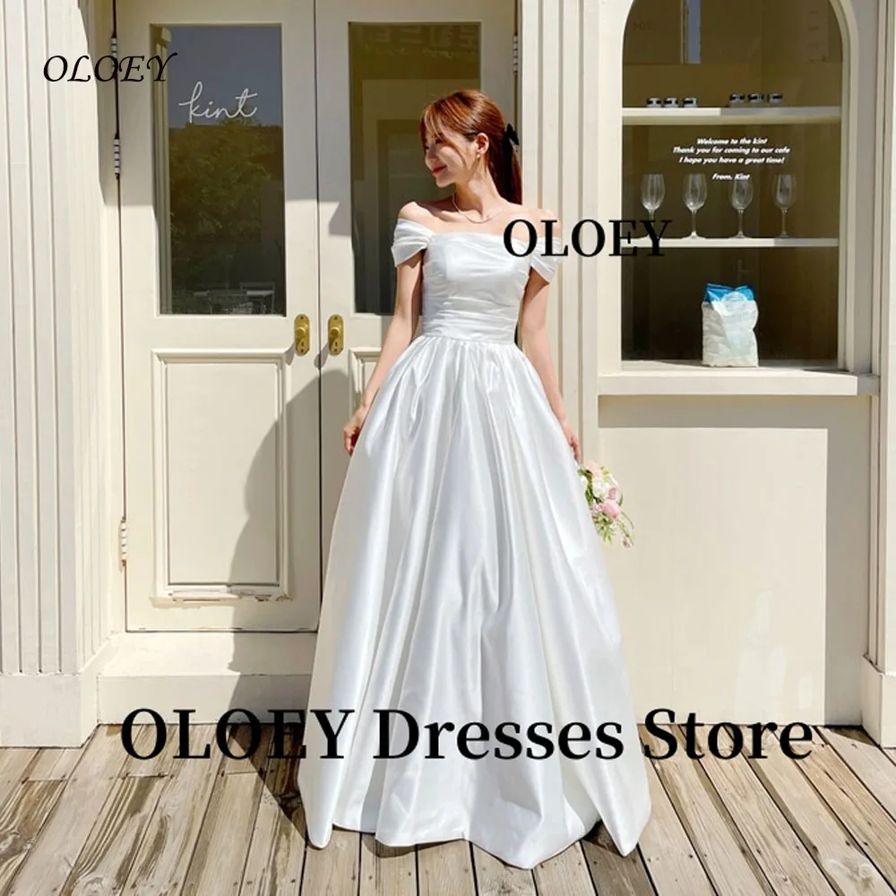 

OLOEY Simple Off Shoulder White Satin Wedding Dresses Korea Photo shoot Sleeves Silk Satin Bridal Gowns Princess Customized