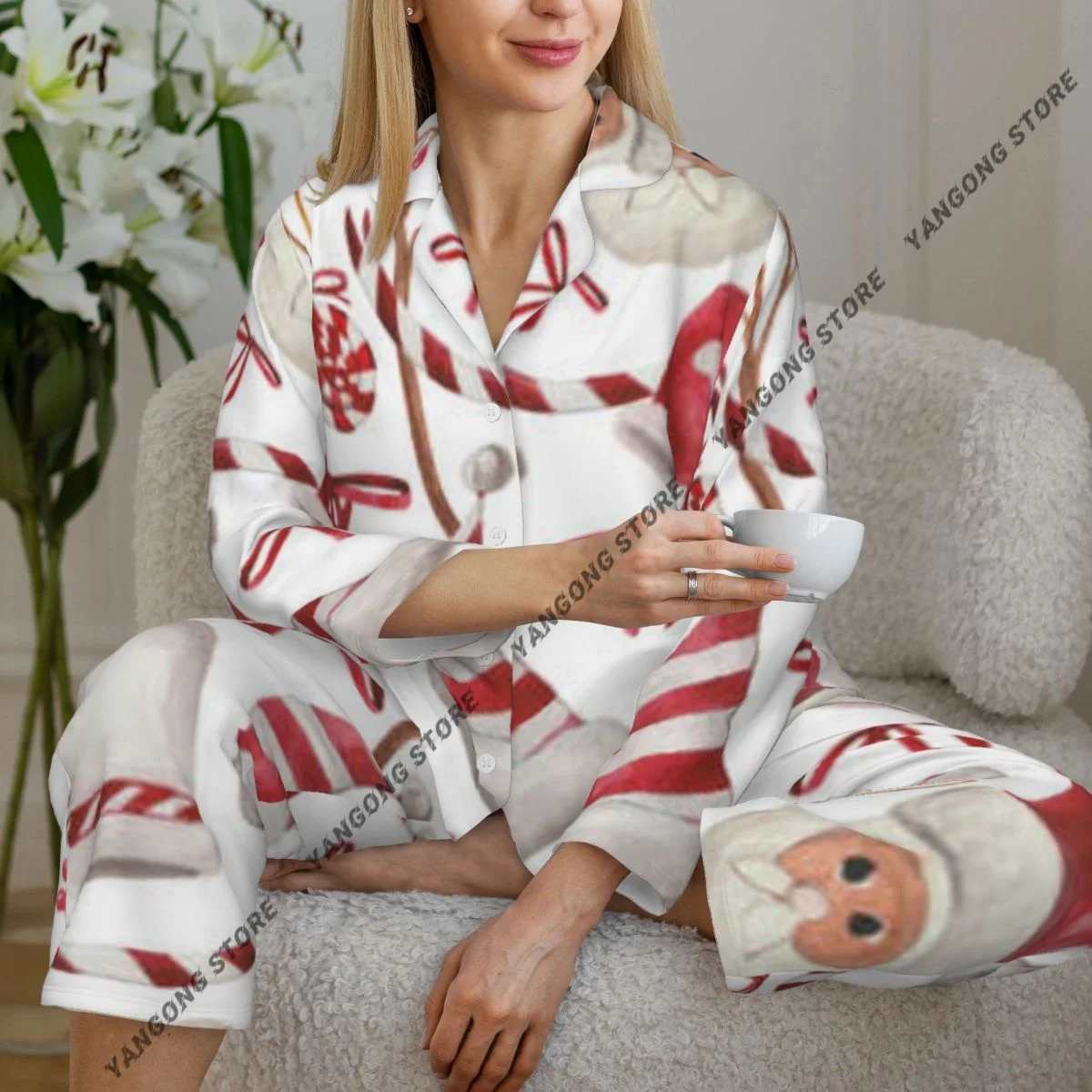 Women Sleepwear Loungewear Christmas Candies Mittens Ribbons Long Sleeve Lapel Neck Shirt and Elastic Waist Pants Pajamas Set