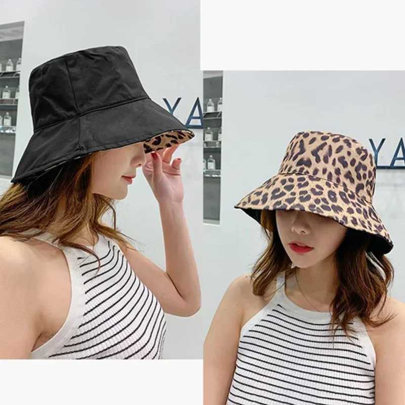 Women Leopard Print Bucket Hats Comfortable Breathe Foldable Beach Flat Top Sun Fishing Hat High Quality Flat Panama Hat Street