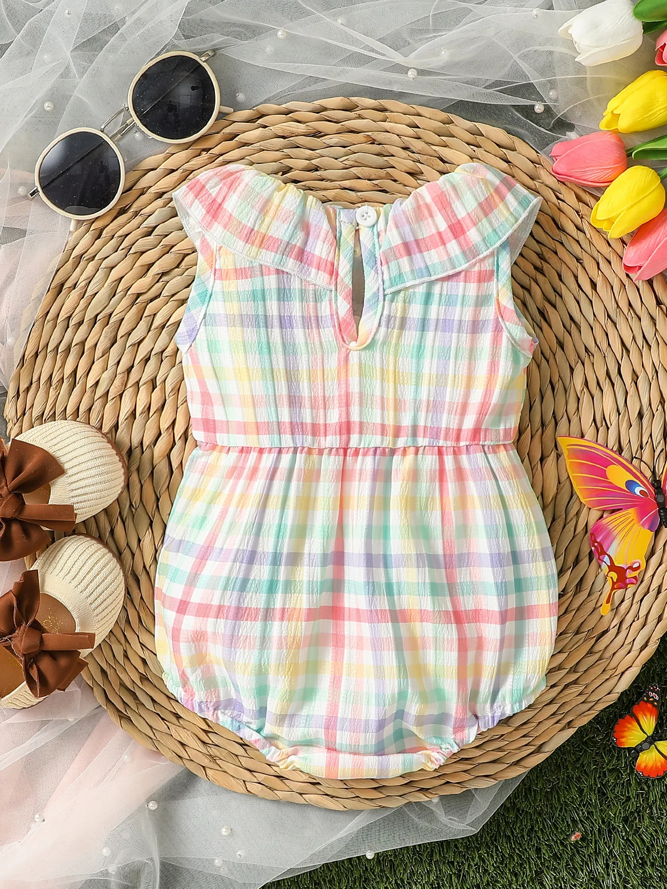 New Style Baby Girl Summer Clothes Sleeveless Plaid Triangle Jumpsuit Daily Or Casual