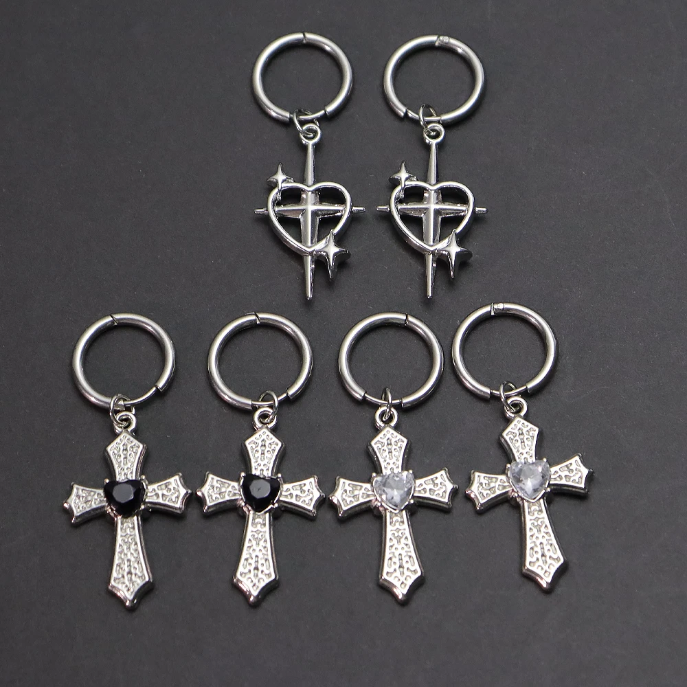 Y2K Grunge Gothic Cross Drop Earrings Heart Star Ornate Cross Charm Huggie Hoops, Edgy Alternative EMO Dark Aesthetic Earrings