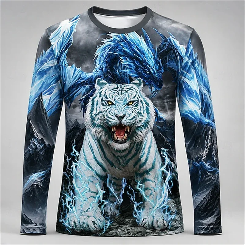 Men Blue White Tiger Dragon Print Long Sleeve Shirt Crewneck Graphic Streetwear Casual Breathable Soft Daily Fashion Premium Top view 3