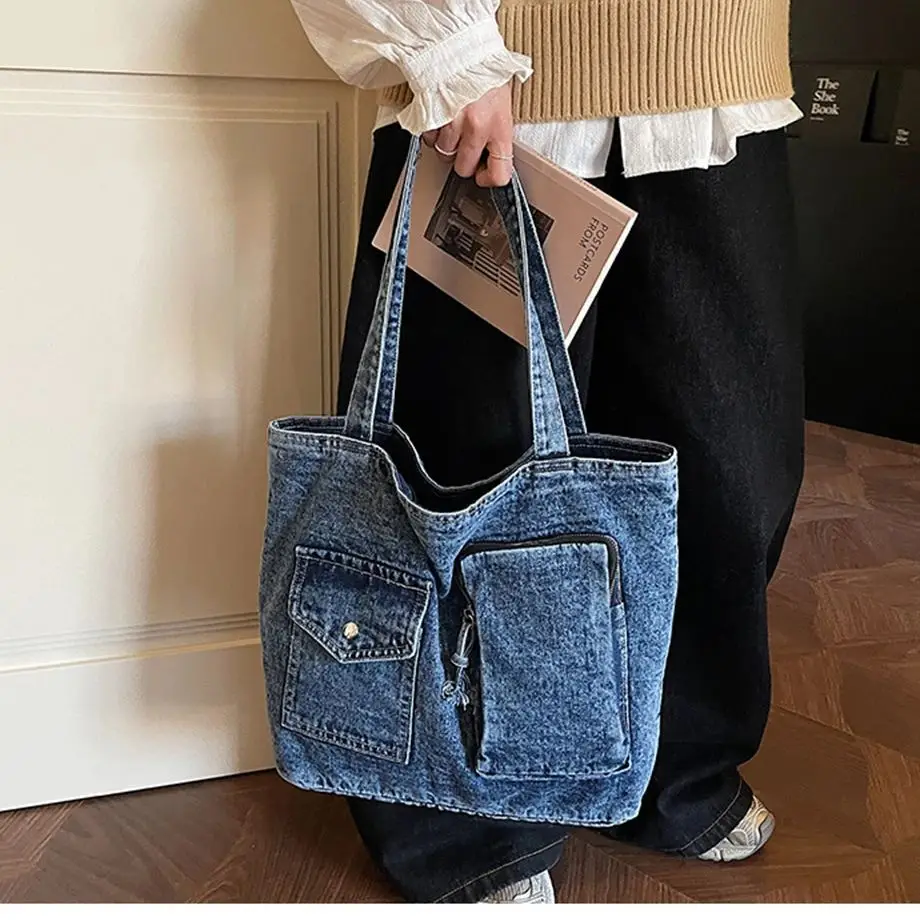 

Винтажная джинсовая сумка-тоут 2026: Новинка, простая, однотонная, вместительная, с двумя отделениями, повседневная сумка через плечо для осени и зимы