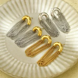 Two tones chain tassel statement dangle earrings stainless steel earrings for women minimalist elegant stainless steel jewelry