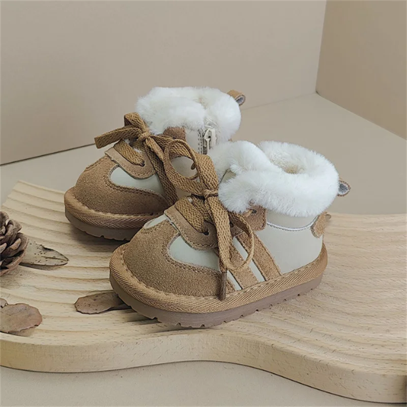 2024 New Winter Baby Snow Boots For Boys Leather Warm Plush Infant Shoes Zip Side Soft Sole Fashion Toddler Girls Boots 15-25