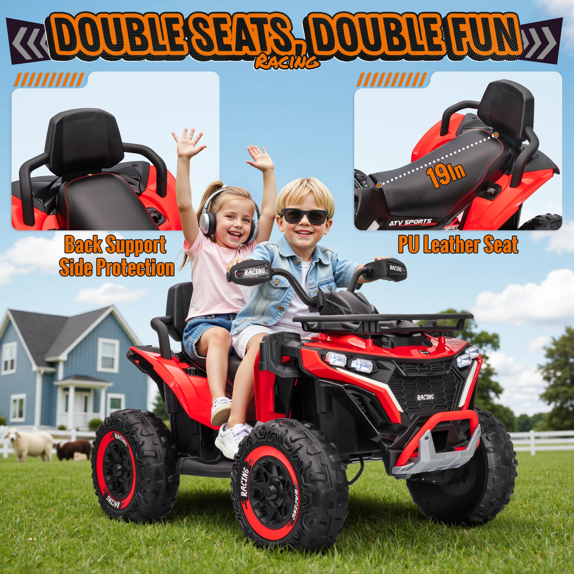 24-V-Fahrt auf dem Auto, Kinder-ATV XL-Vierrad mit EVA-Reifen, 19-Zoll-Leder-2-Sitzer, 800-W-Motoren, Fernbedienung, Knieschützer, Blume,