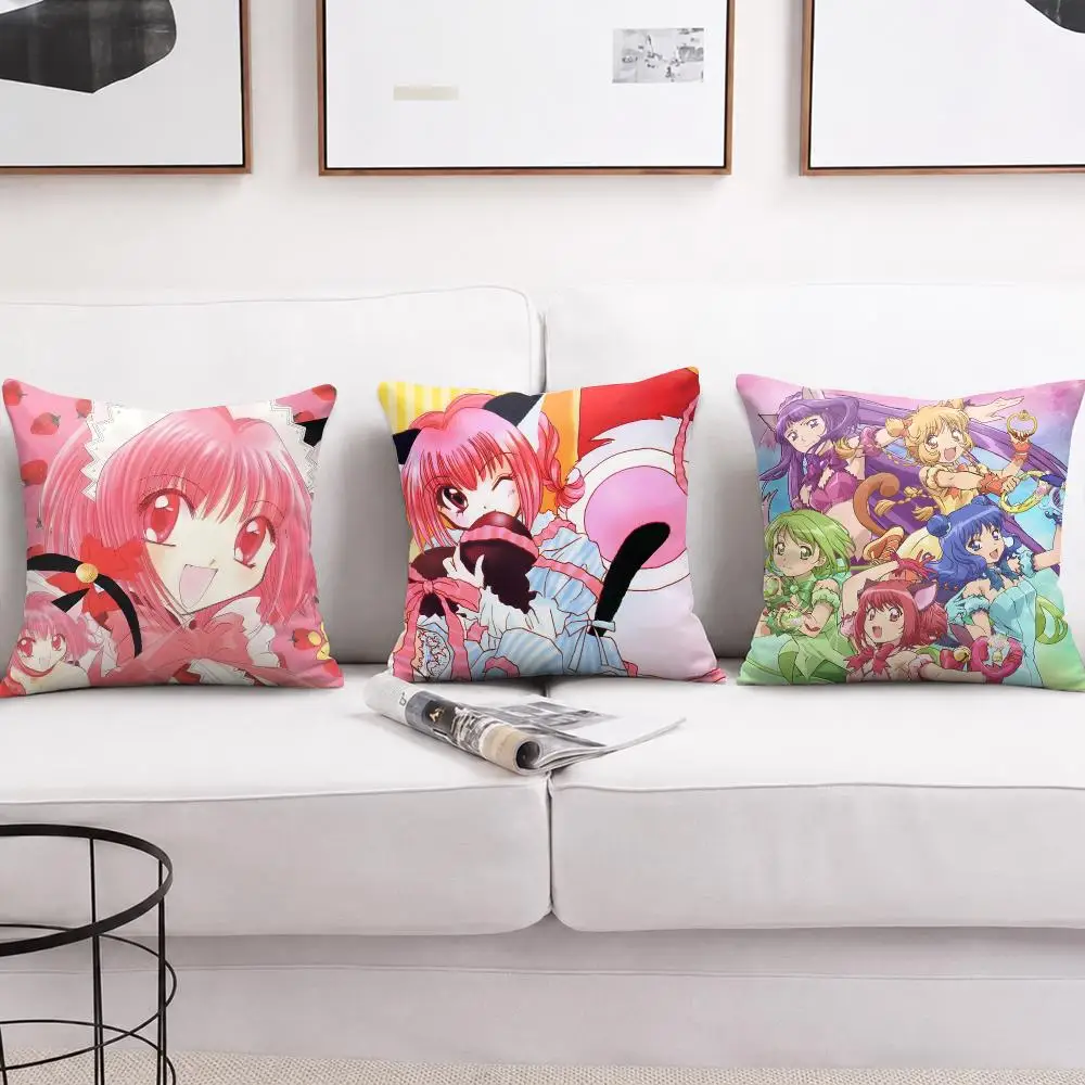 Anime T-Tokyo Mew Mew Cushion Cover Wrinkle-Resistant Short Plush Pillow Case Breathable Machine-Washable
