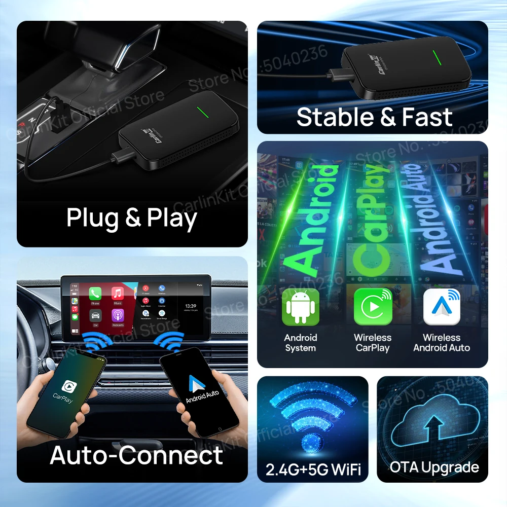 CarlinKit 4.0 CP2A Pro 3-In-1 Android TV Box CarPlay Ai Box يدعم Netflix YouTube Wireless CarPlay وAndroid Auto Smart Car Box