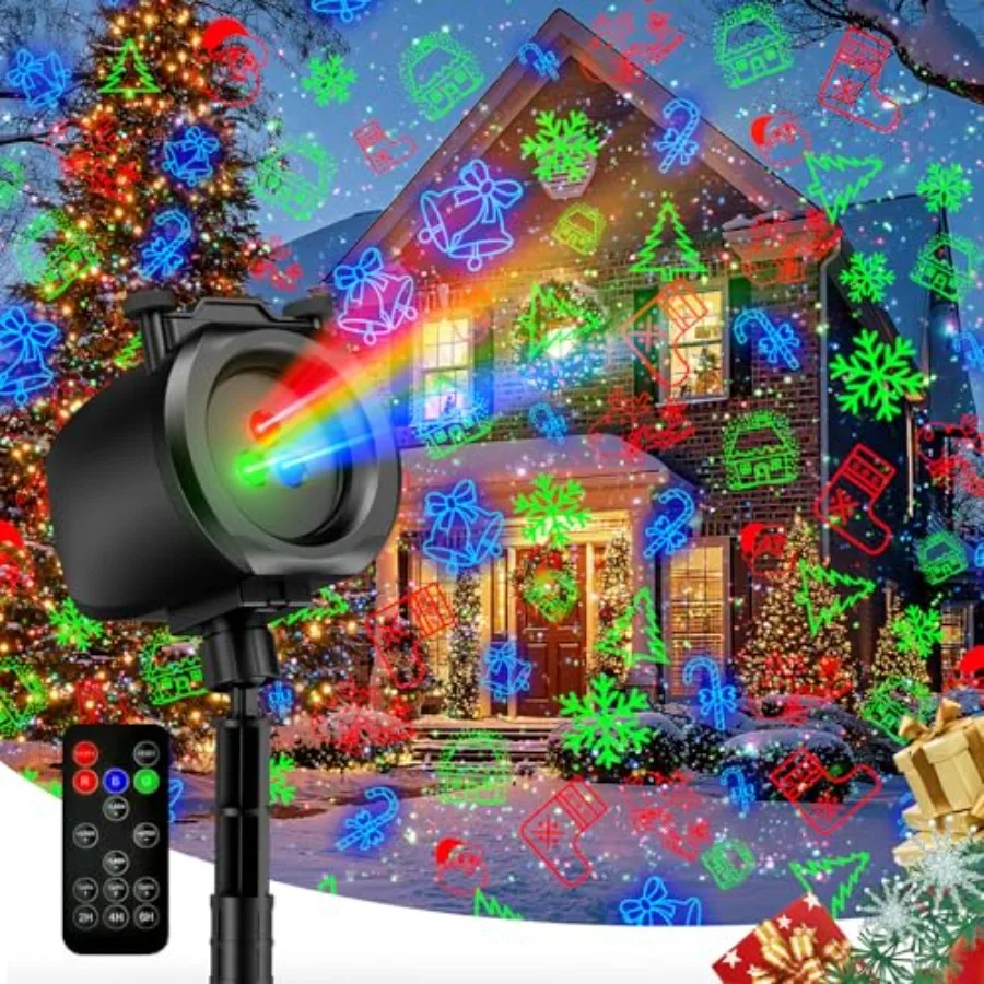 

Christmas Lights Projector Outdoor, 2-in-1 Holiday Light Projector with 4 Slides and 8 Brighter HD Patterns, Moving RGB Firefly