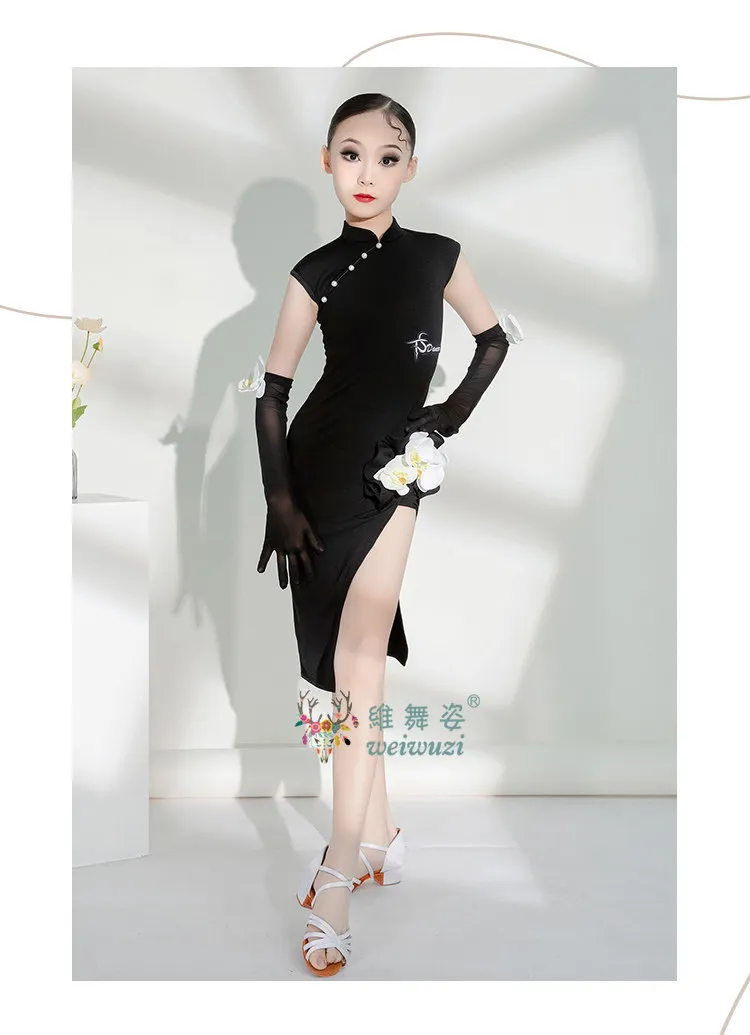 Kinder-Lateintanz-Übungskleid Mädchen Schwarzes Wettkampf-Cheongsam Tanzkleidung Ballsaal-Tanz Chacha Auftritts-Kostüme – Detail 9