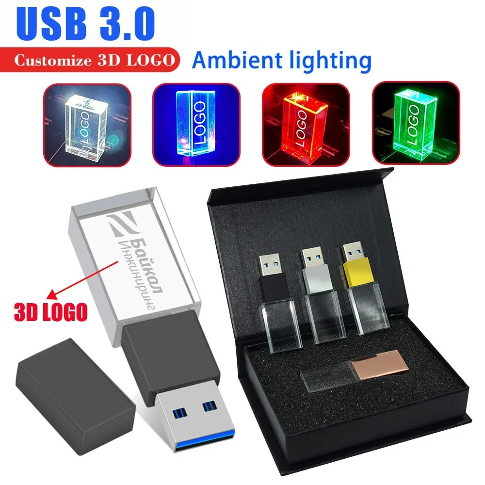 USB Flash Drive 3.0 Crystal U Sticks Logo Free 4GB 8GB 16GGB 32GB 64GB 128GB Pendrive Waterproof Wedding Gift Creative Pen Drive