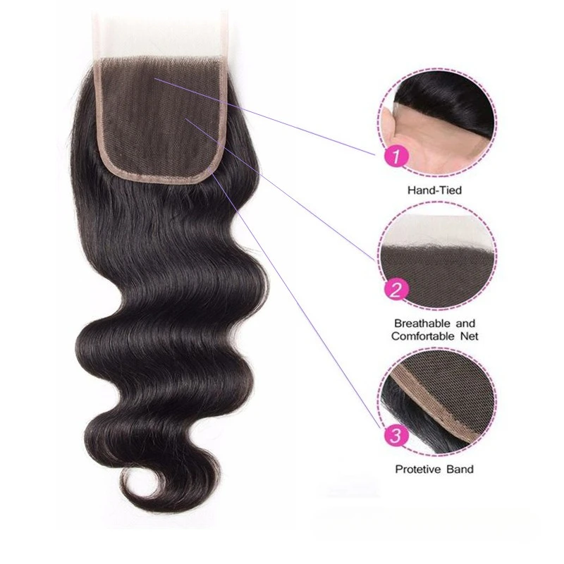 12A 등급 스트레이트 바디 웨이브 4x4 투명 레이스 클로저 미리 뽑은 150% 밀도 Nautral Color 브라질 버진 헤어