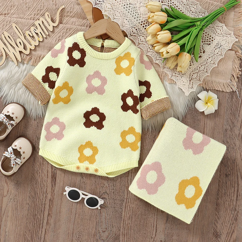 Autumn Baby Bodysuit Blanket Knit Newborn Clothes Sets Fashion Cute Florals Infant Kid Jumpsuit Quilt 90*70CM 0-18M Outfits Tops