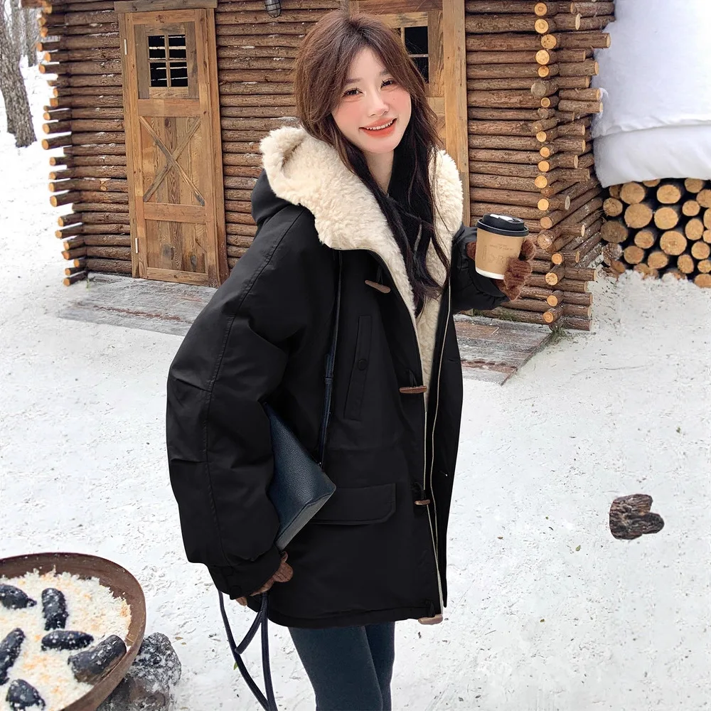 Off White Pie overwint dames 2025, herfst en winter, nieuwe stijl, Koreaanse collegestijl, capuchon, warm en pluche, anti-lamhair katoen