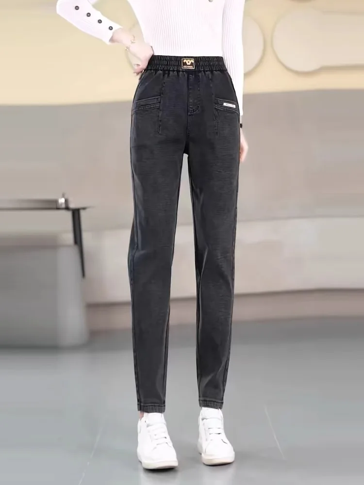 

High Waist Mom Jeans Women's Casual Fashionable Versatile Harlan Pants Thickened Long Trousers Deep Color Wear Resistant
