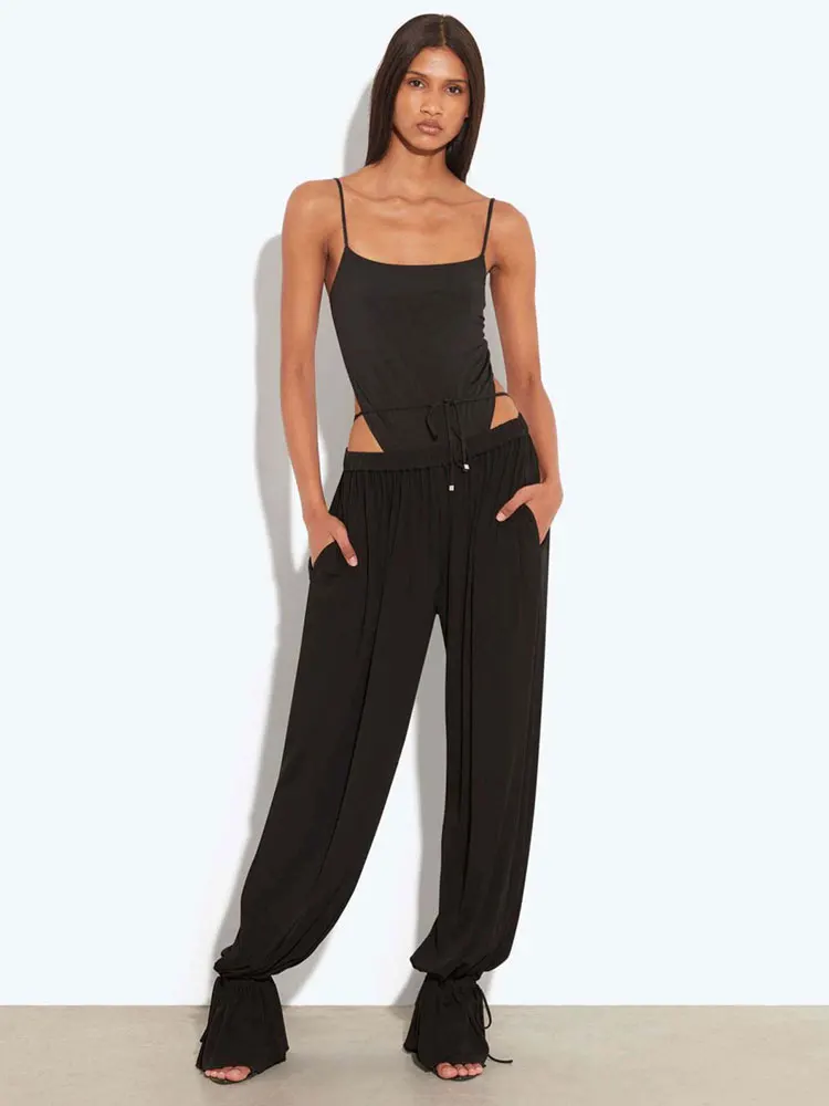 

GACVGA Two Piece Pant Set for Women Backless Bodysuit Tops And Loose Flared Pant Black Fashion Female Matching Trousers Sets