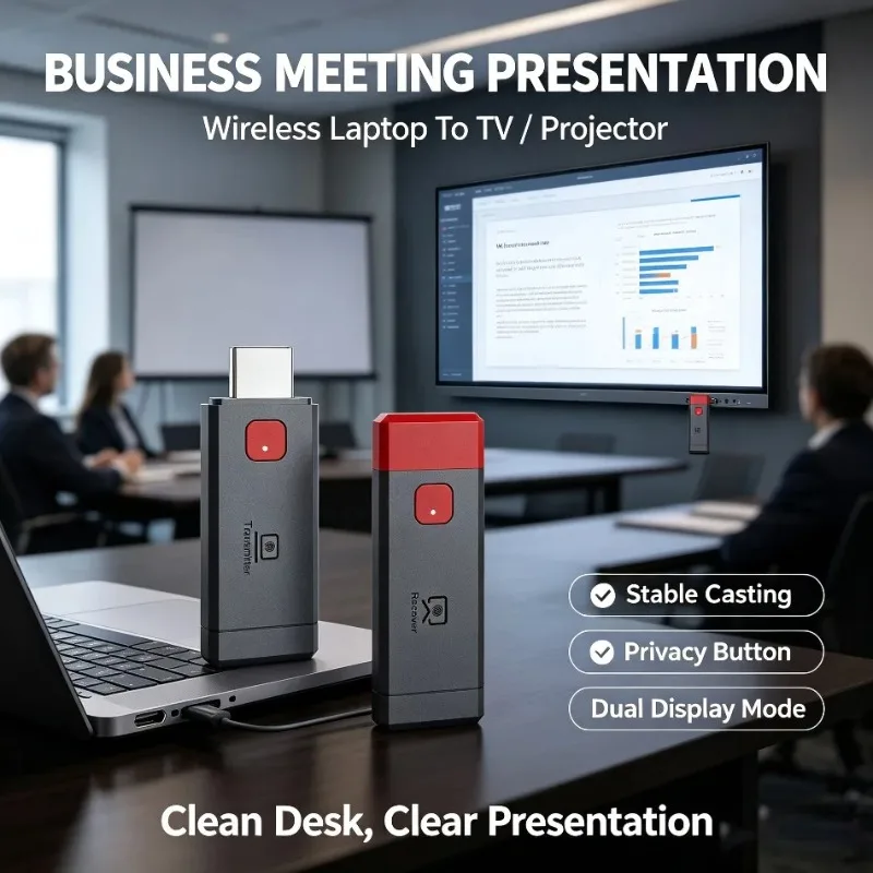 4K Wireless HDMI Transmitter Receiver for Business Presentation Screen Mirroring Dual Display Privacy Button Laptop TV Projector
