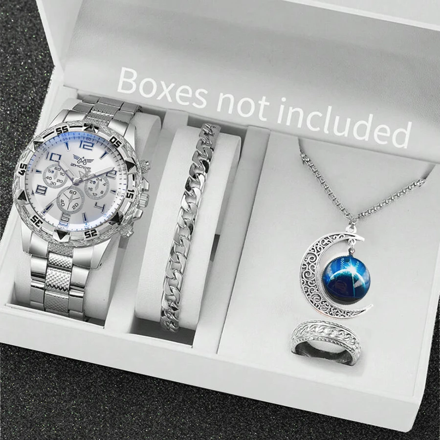 4PCS Men Watches Sets FREE Necklace Bracelet Ring Fashion Hip Pop Casual Stainless Steel Three-dial Quartz Watch Birthday gift