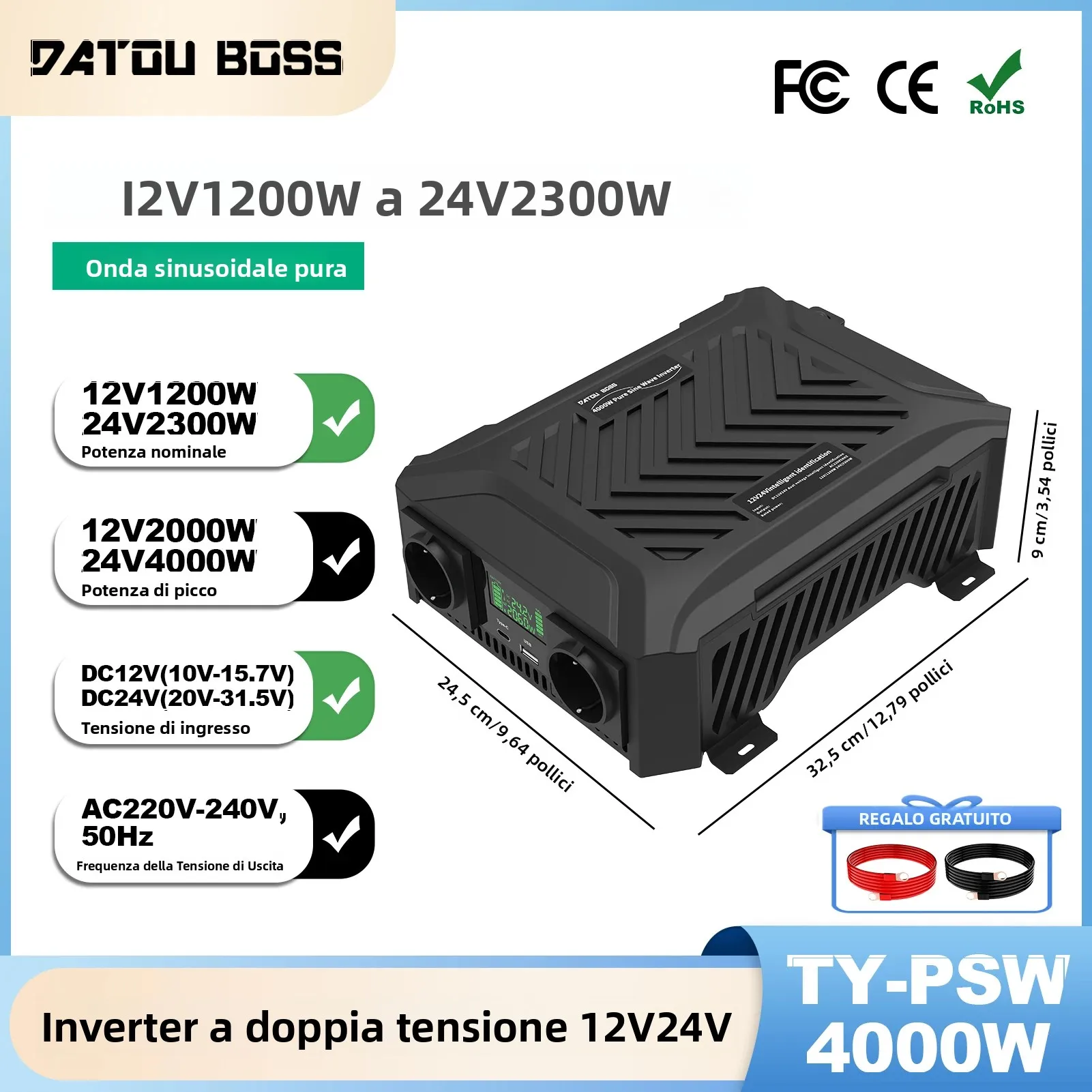 Inverter Portatile DATOUBOSS 1200W/2300W a Doppia Tensione DC12V-24V con Commutazione Automatica, Onda Sinusoidale Pura per Camper e Sistemi Solari Off-Grid