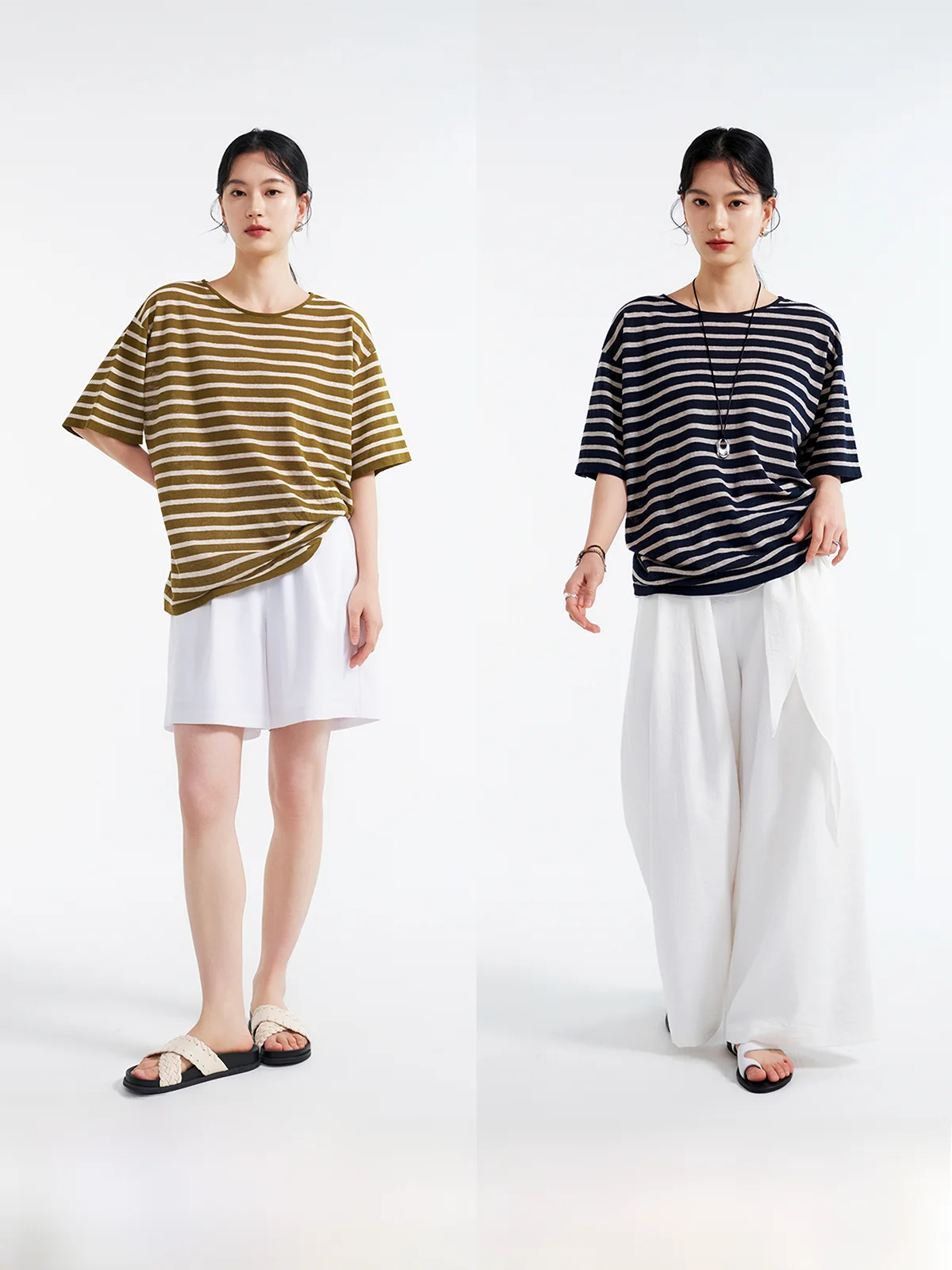 

Linen Knitted Striped T-irt Large Collar UPW Yarn Loose Fit ort Sve Soft Comfortable round Ne Spring Faion Ladies
