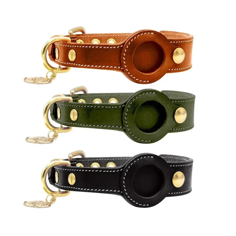 

2025 Genuine Leather Collar Puppy Medium Dogs Anti-lost Pet Collar For Apple Holder Pet Supplies Adjustable Necklace practical
