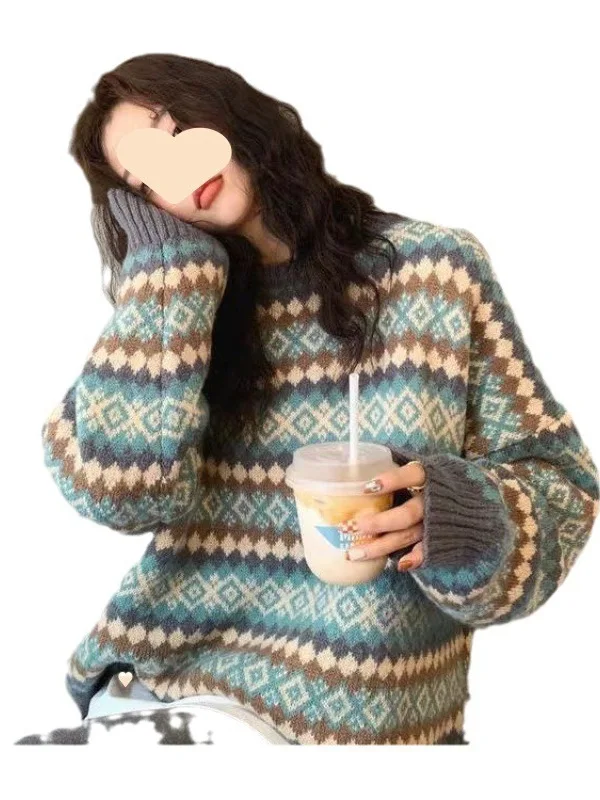 Damen-Sweatshirt mit Retro-Rautenmuster, lockerer langer Swe-Pullover, bequemes Strickoberteil für die Frühlingssaison, lässige Pendelkleidung