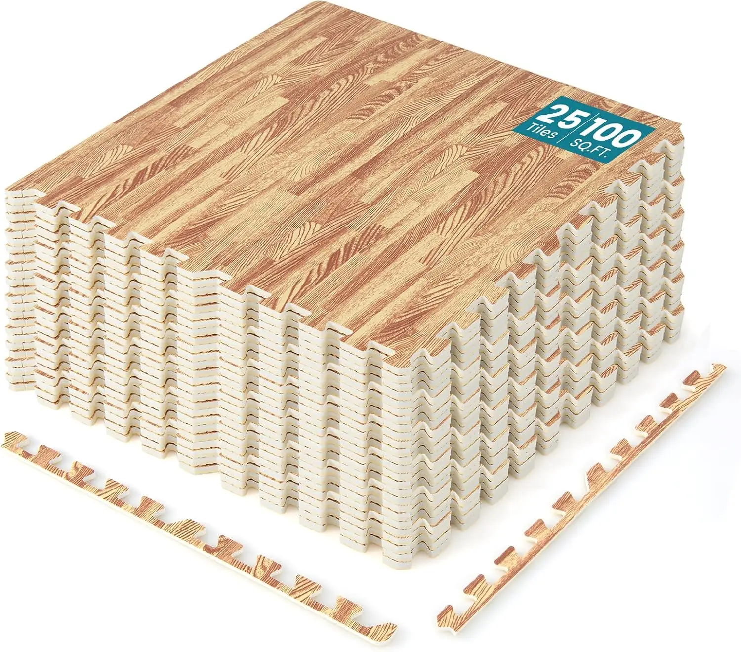 

100 Sq. Ft. Interlocking Foam Floor Tiles, 25 PCS Wood Grain EVA Mat with Borders for Home Gym and Play Room