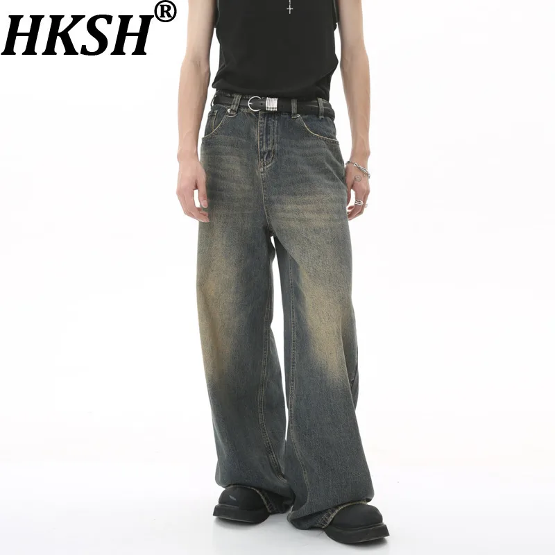 

HKSH Весна Осень Новые Мужские Tide StreetwearLine Worn Out Wide Leg Floor Dragging Jeans Винтажные шикарные джинсовые брюки Trend HK10142