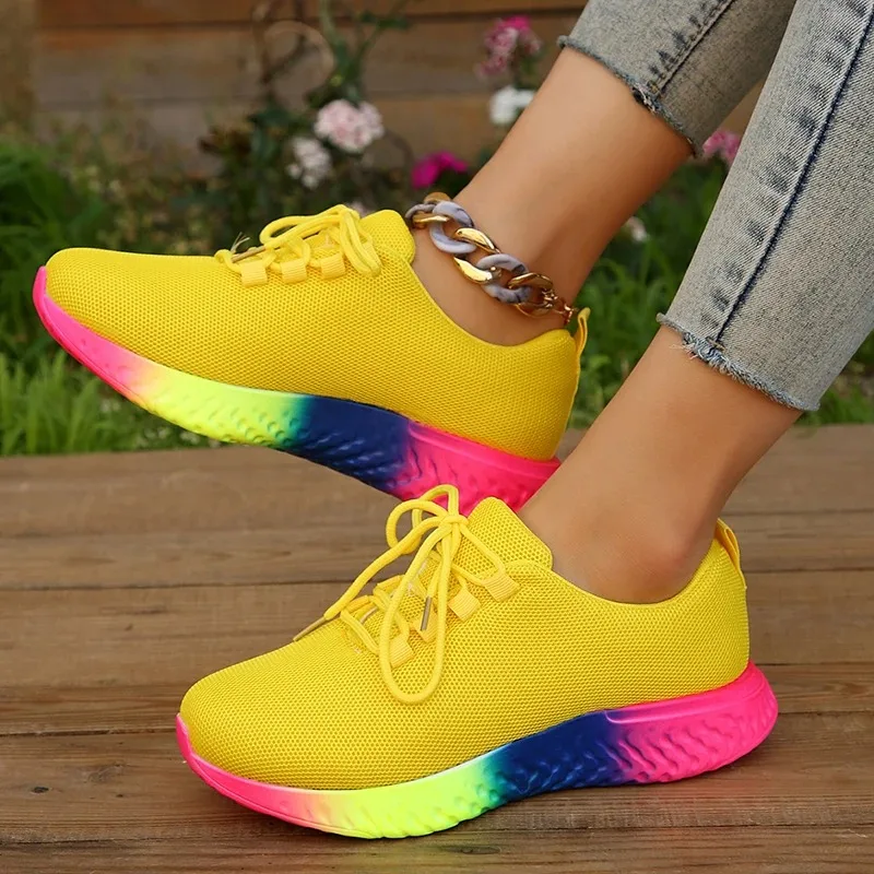 Mode Regenbogen unten Sneaker Schuhe Frauen Schnürung atmungsaktive Mesh Freizeit schuhe Frau plus Größe 43 Outdoor rutsch feste Wohnungen