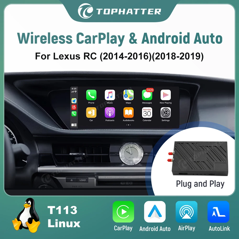 

Wireless CarPlay Android Auto Decoder For Lexus RC 2014-2016 2018-2019 8" 7'' 10.3" 12.3" Car Screen Adapter Linux