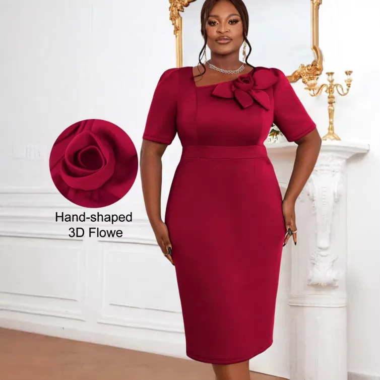 Abito midi fucsia taglie forti da donna con maniche a sbuffo, vestito bodycon con scollo floreale 3D, elegante abito da festa africano
