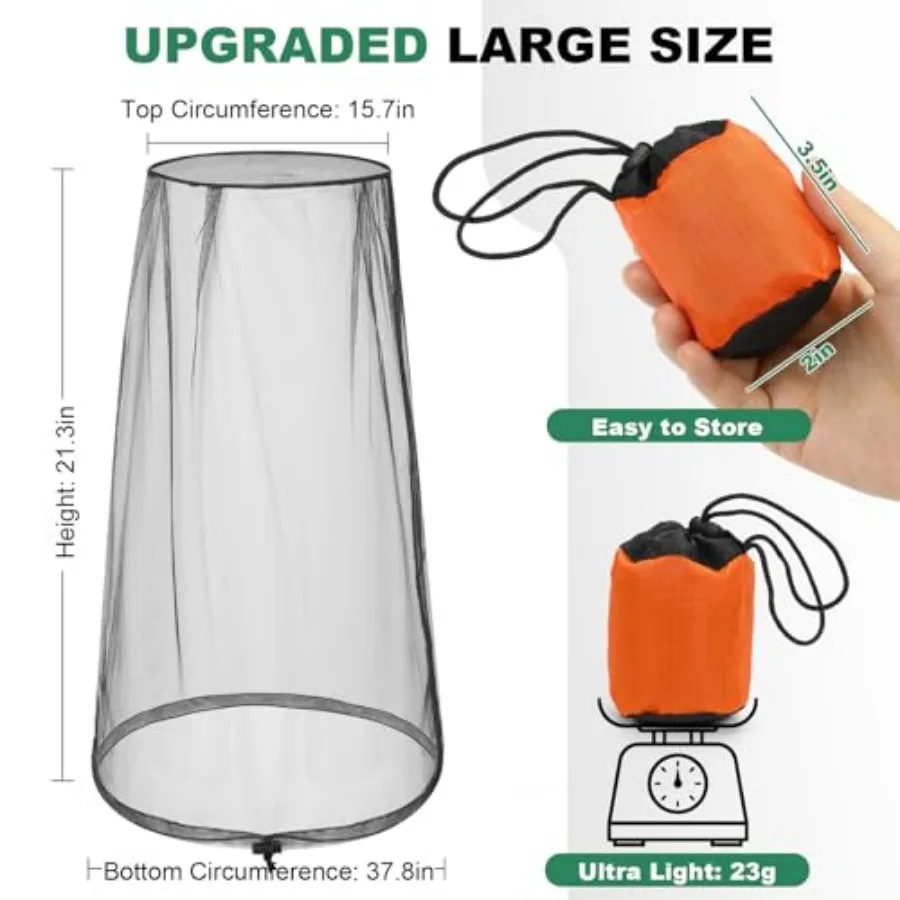 2 Pack Premium Mosquito Head Nets with Drawstring, Breathable Ultra Large Bug Net for Head, Mosquito Net Hat for Men and Women,