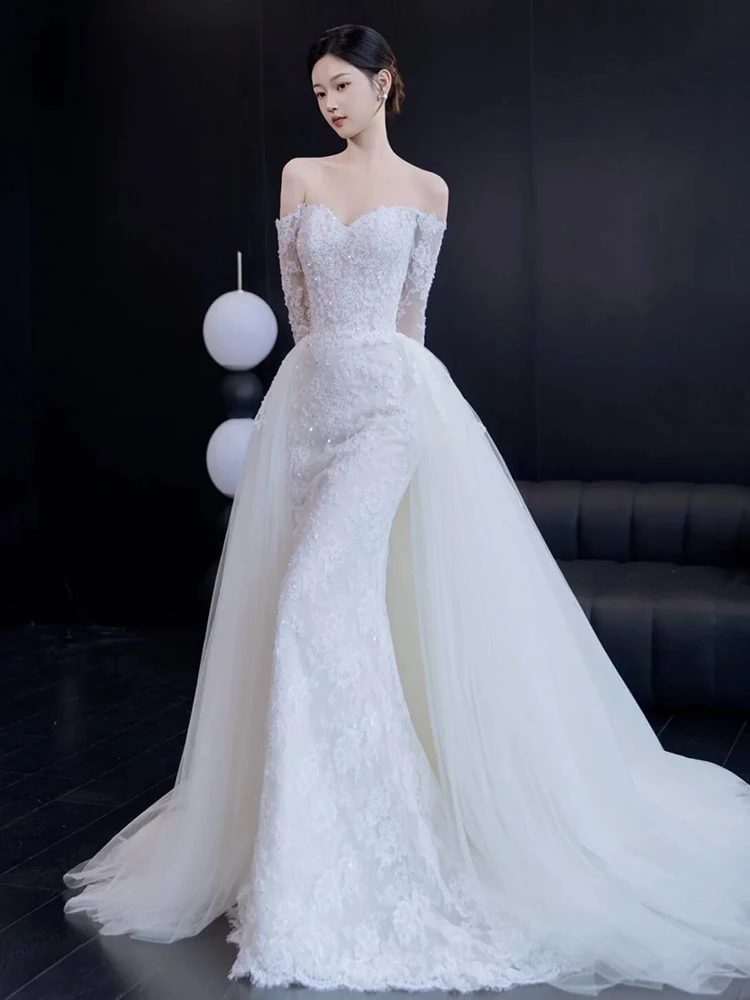 

Ele Long Sve Lace Wedding Dr One oulder Heavy Embroidery Fi Tail Slimming Bridal Gown for Hotel Indoor Ocns