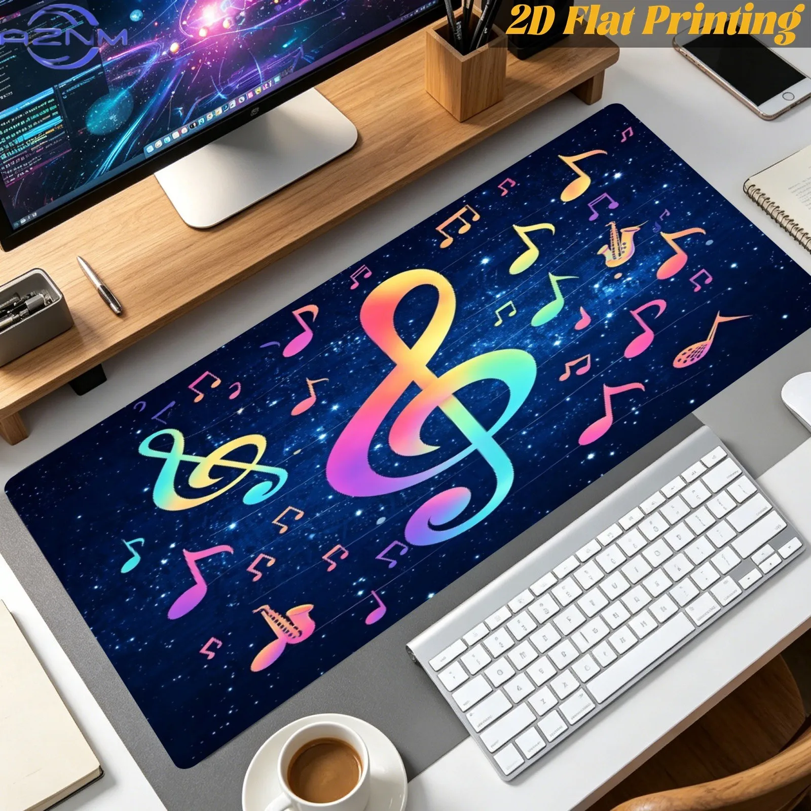 1pc Colorful Gradient Treble Clef Music Note Starry Sky 2D Printed Mouse Pad, Decorative Desk Mat for Home Office Desk Work Stud