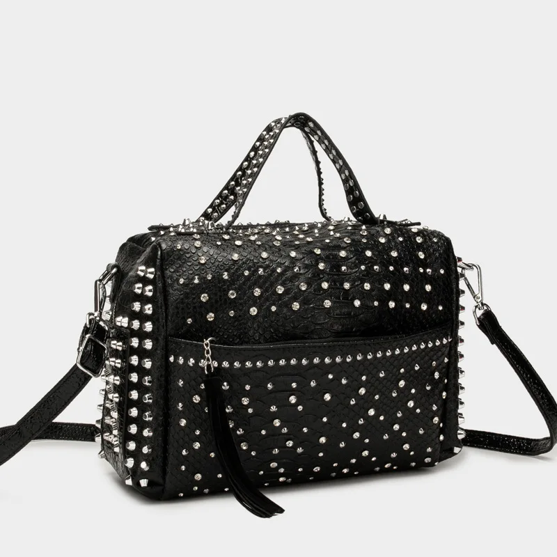 

Women's Studded Snake/leopard Print Tote Bag, Rhinestone Embellished Faux Leather Top-Handle Handbag with Tassel Charm