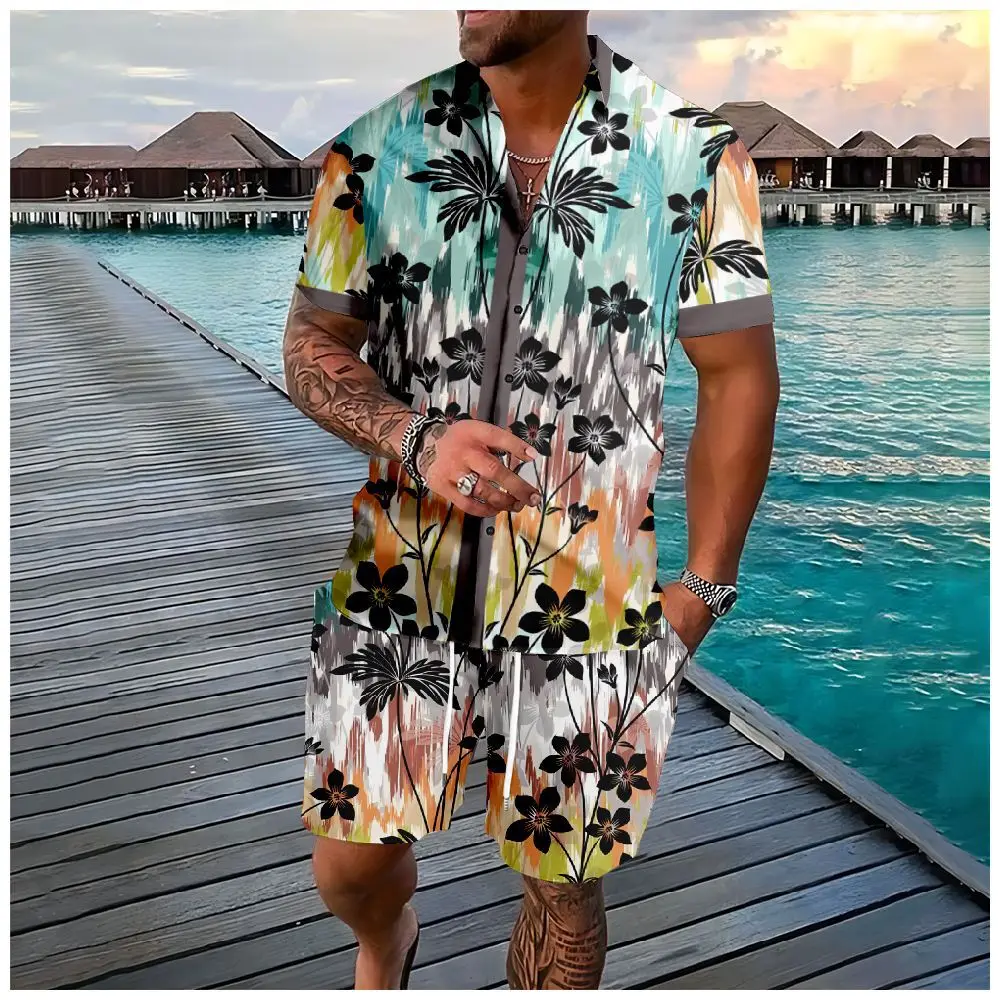 Set Hawaiian shirts with palm buttons summer shorts Florals Colorful Beach Hipster Streetwear suits men\'s clothing