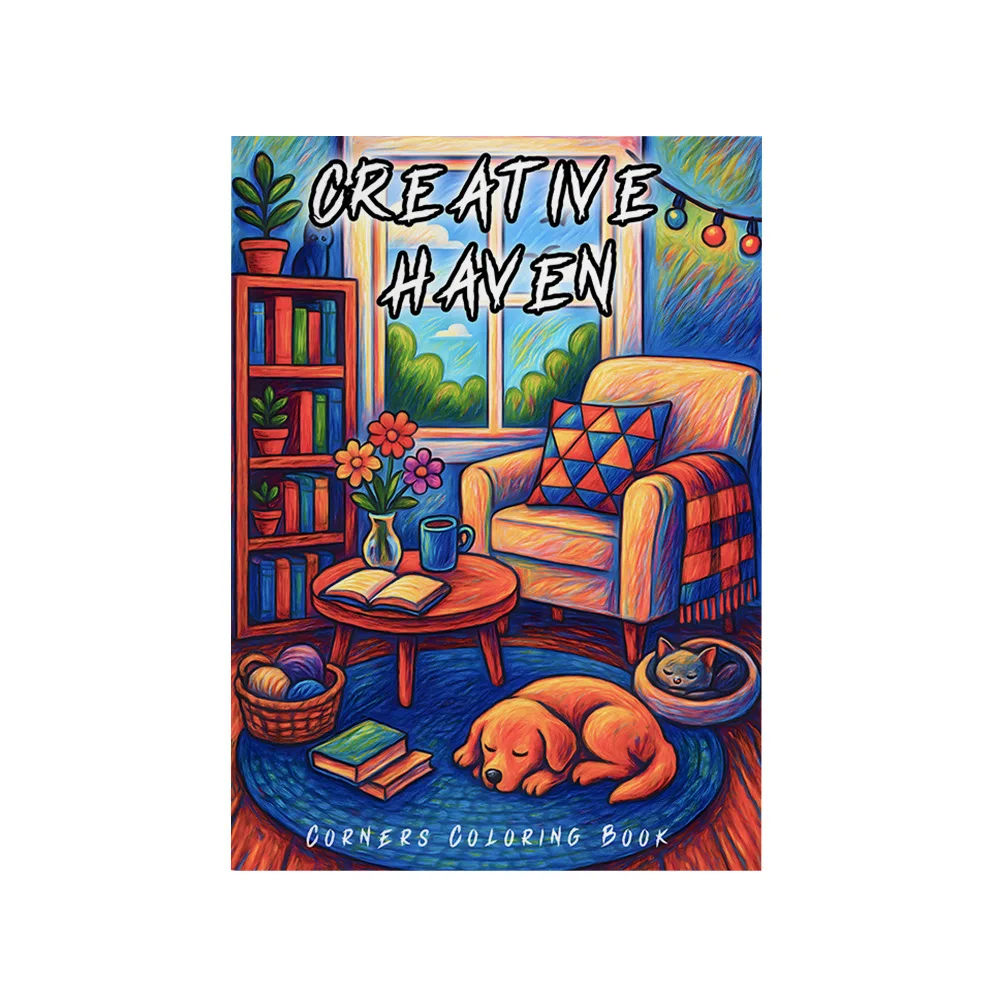 Creative Haven Coloring Book Cozy Reading Room Dog Cat Cottage Interior Stress Relief Drawing Gift For Adults