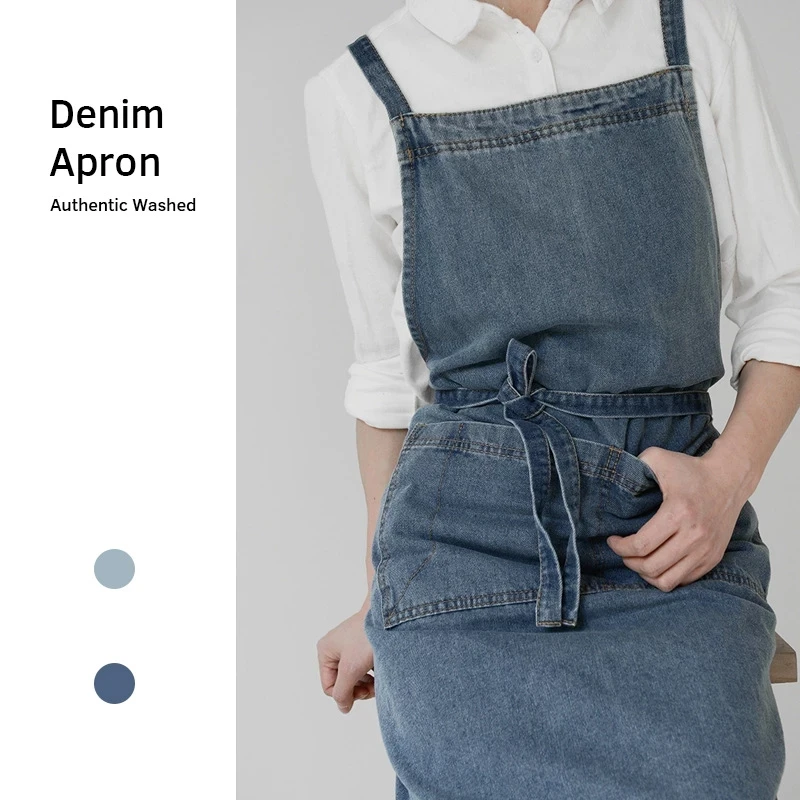 

Denim Apron Cotton Korean Canvas Antifouling Home Cleaning Kitchen Cooking Work Clothes Barber Apron Leisure Gardening Baking